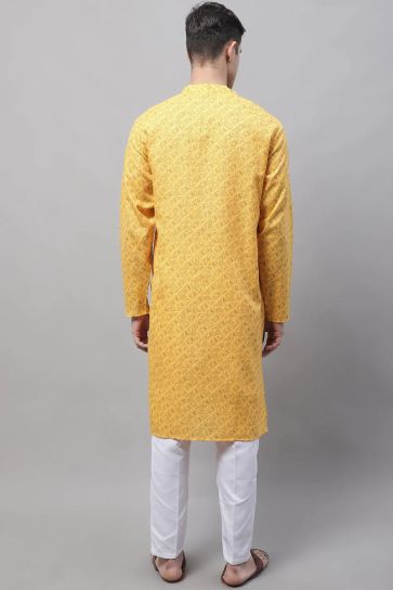 Captivating Cotton Fabric Stylish Readymade Kurta Pyjama For Men In Yellow Color