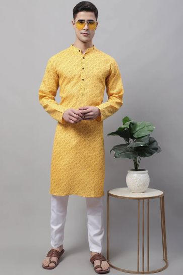 Captivating Cotton Fabric Stylish Readymade Kurta Pyjama For Men In Yellow Color