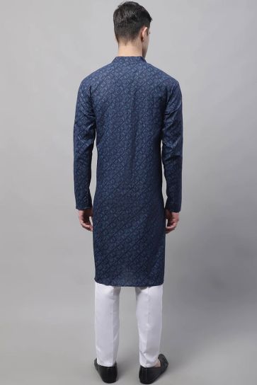 Engaging Navy Blue Color Cotton Fabric Readymade Kurta Pyjama For Men