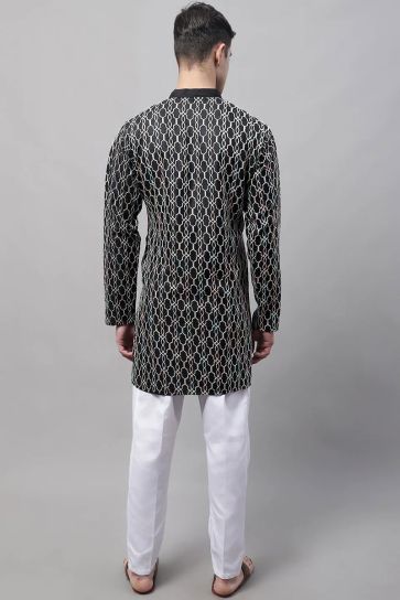 Enriching Black Color Cotton Fabric Readymade Kurta Pyjama For Men