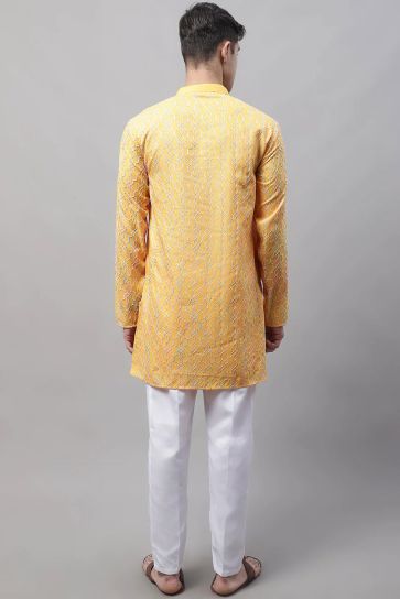 Extravagant Yellow Color Cotton Fabric Readymade Kurta Pyjama For Men
