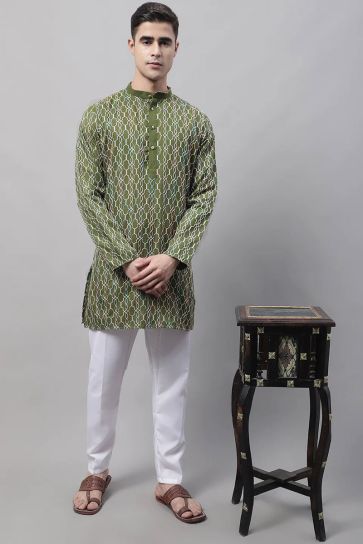 Adorning Olive Color Cotton Fabric Readymade Kurta Pyjama For Men