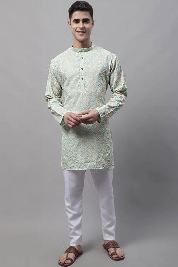 Mesmeric Sea Green Color Cotton Fabric Readymade Kurta Pyjama For Men