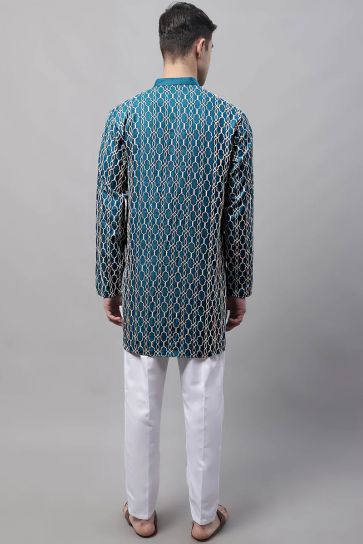 Splendiferous Teal Color Cotton Fabric Readymade Kurta Pyjama For Men