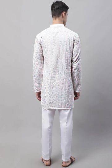 White Color Cotton Fabric Readymade Kurta Pyjama For Men