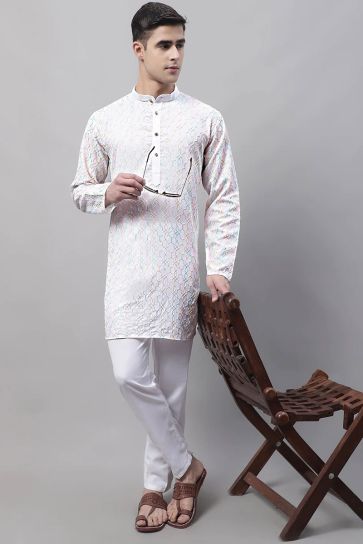 White Color Cotton Fabric Readymade Kurta Pyjama For Men