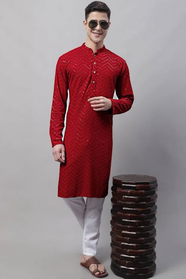 Fascinate Cotton Fabric Readymade Kurta Pyjama For Men In Maroon Color