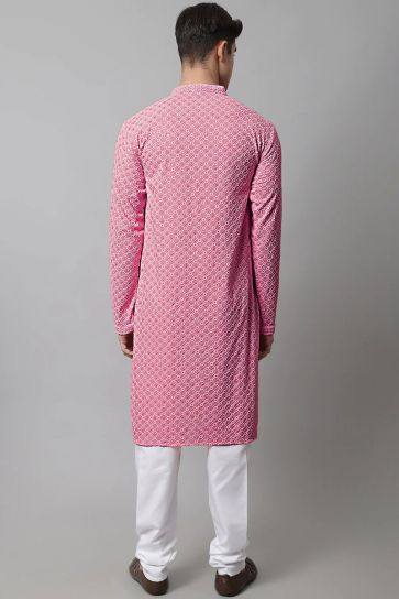 Remarkable Pink Color Cotton Fabric Readymade Kurta Pyjama For Men