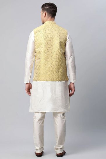 Art Silk Fabric Festival Wear White Color Kurta Pyjama With Yellow Jacket