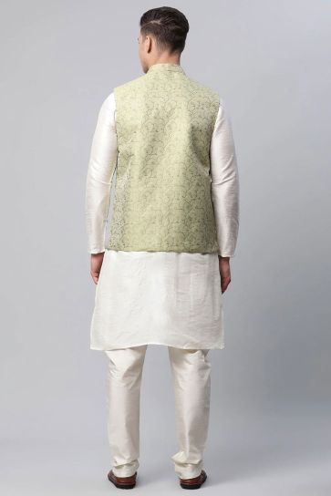 Readymade White Kurta Pajama With Nehru Jacket Men 248MW05