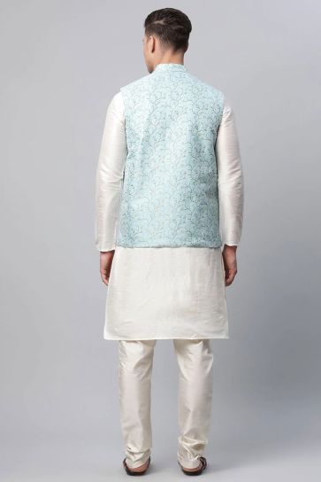 White (COLOR) Color Festival Wear Kurta Pyjama With Sky Blue Jacket In Art Silk Fabric