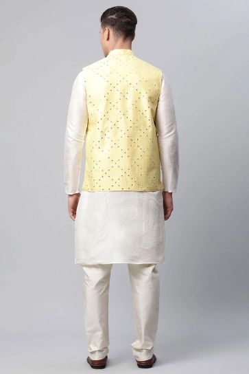Art Silk Fabric White Color Festival Wear Kurta Pyjama With Yellow Jacket
