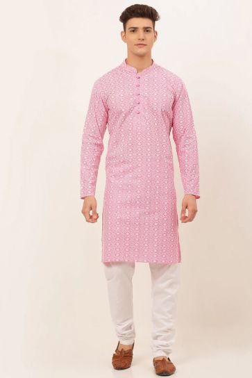 Festival Wear Pink Color Cotton Fabric Readymade Kurta Pyjama set