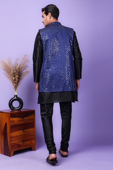 Art Silk Black Color Wedding Wear Readymade Designer Men Kurta Pyjama With Modi Jacket