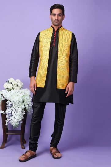 Black Color Sangeet Wear Readymade Lovely Art Silk Fabric Kurta Pyjama For Men With 3 Pcs Embroidered Jacket Set