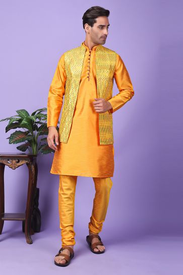 Orange Color Gorgeous Art Silk Fabric Reception Wear Readymade Kurta Pyjama For Men With Embroidered Jacket