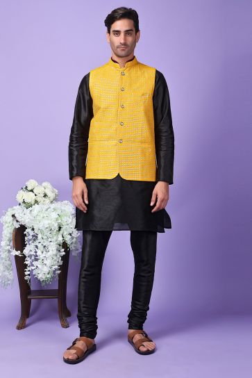 Black Color Art Silk Fabric Designer Long Readymade Men Kurta Pyjama With Embroidered Jacket