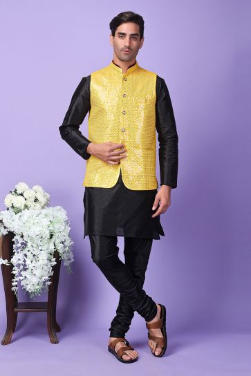 Black Art Silk Fabric Sangeet Wear Trendy Readymade Kurta Pyjama For Men With Embroidered Jacket Set