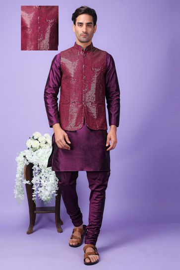 Reception Wear Readymade Purple Color Art Silk Fabric Beautiful Kurta Pyjama For Men With 3 Pcs Embroidered Jacket Set