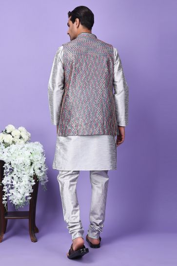 Moss Grey Color Art Silk Fabric Readymade Men Kurta Pyjama With Embroidered Jacket Set