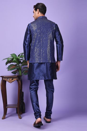 Gorgeous Navy Blue Color Art Silk Fabric Function Wear Readymade Kurta Pyjama For Men With 3 Pcs Embroidered Jacket Set