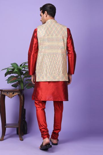 Fancy Red Color Art Silk Fabric Function Wear Readymade Kurta Pyjama For Men With Modi Jacket Set