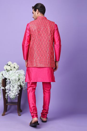 Art Silk Fabric Wedding Wear Readymade Pretty Rani Color Kurta Pyjama For Men With 3 Pcs Embroidered Jacket Set