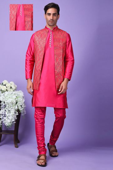 Art Silk Fabric Wedding Wear Readymade Pretty Rani Color Kurta Pyjama For Men With 3 Pcs Embroidered Jacket Set