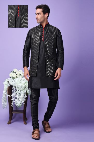 Art Silk Fabric Black Color Festive Wear Readymade Stunning Kurta Pyjama For Men With 3 Pcs Embroidered Jacket Set
