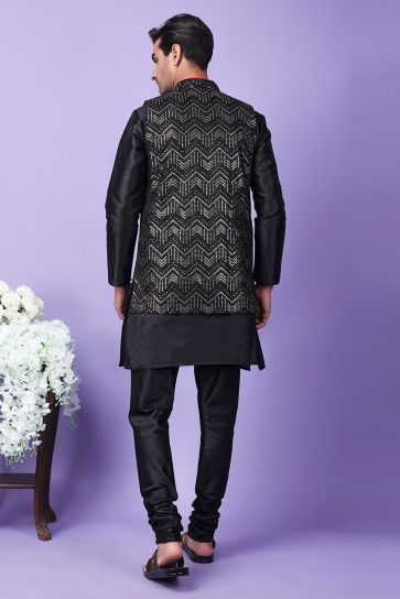 Art Silk Fabric Black Color Festive Wear Readymade Men Stylish Kurta Pyjama With Embroidered Jacket set 