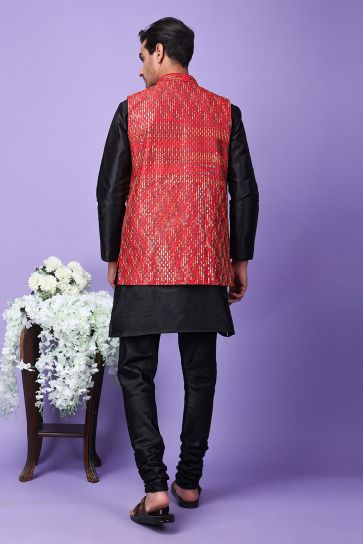 Art Silk Fabric Black Color Festive Wear Readymade Lovely Kurta Pyjama For Men With Embroidered Jacket
