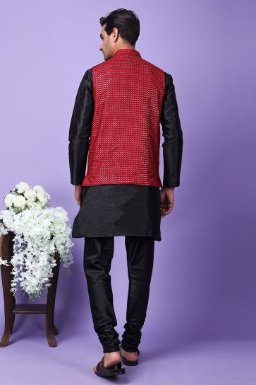 Art Silk Fabric Black Color Ethnic Readymade Men Kurta Pyjama With Embroidered Jacket