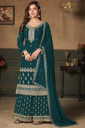 Festive Wear Georgette Fabric Teal Color Stunning Palazzo Suit With Embroidered Work