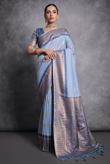 Blue Color Zari Weaving Border Work Designer Tussar Silk Saree