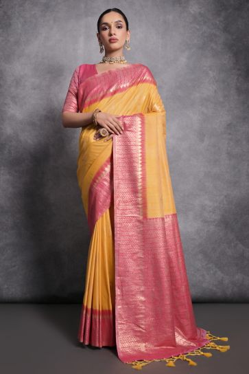 Delightful Mustard Color Zari Weaving Border Work Tussar Silk Function Wear Saree
