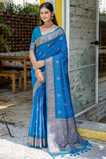 Sky Blue Color Banarasi Art Silk Fabric Fancy Weaving Work Saree