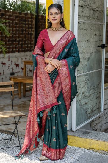 Attractive Dark Green Color Weaving Work Banarasi Art Silk Fabric Designer Saree