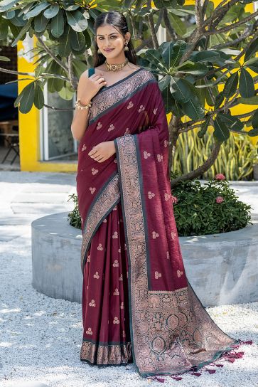 Maroon Color Exclusive Weaving Work Banarasi Art Silk Fabric Sarees