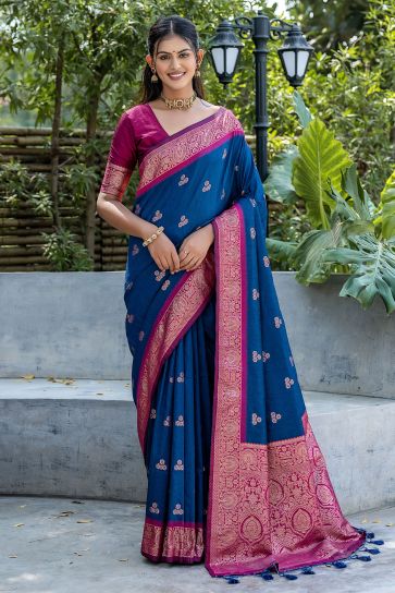 Delightful Navy Blue Color Weaving Work Banarasi Art Silk Fabric Function Wear Saree