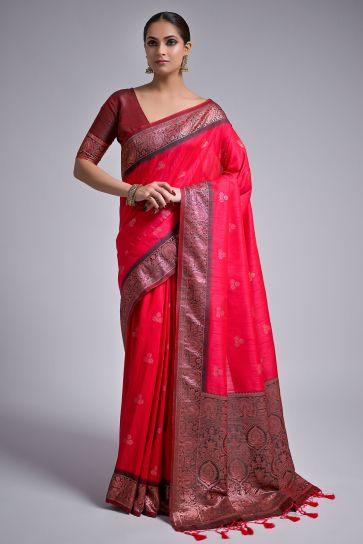 Pink Color Weaving Work Function Wear Banarasi Art Silk Fabric Saree