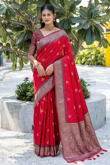 Function Wear Banarasi Art Silk Fabric Weaving Work Red Color Saree