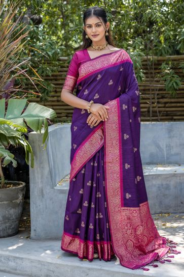 Purple Color Banarasi Art Silk Fabric Function Wear Fancy Weaving Work Saree