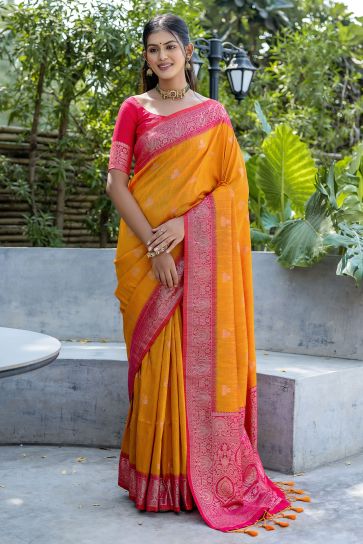 Banarasi Art Silk Fabric Yellow Color Fancy Weaving Work Function Wear Saree