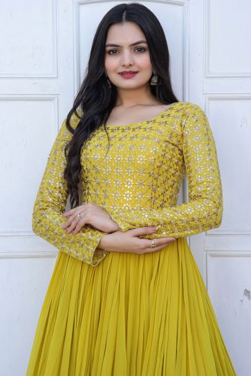 Function Wear Luminous Readymade Georgette Gown In Yellow Color