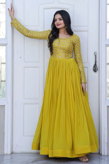 Function Wear Luminous Readymade Georgette Gown In Yellow Color