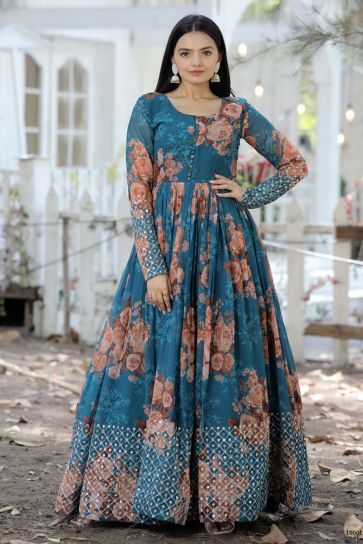 Georgette Fabric Digital Printed Teal Color Ingenious Readymade Gown