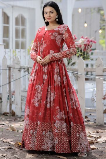 Digital Printed Red Color Glorious Readymade Gown In Georgette Fabric