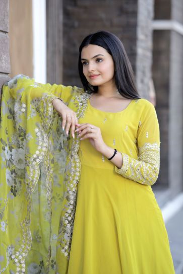 Yellow Color Georgette Divine Readymade Gown With Dupatta