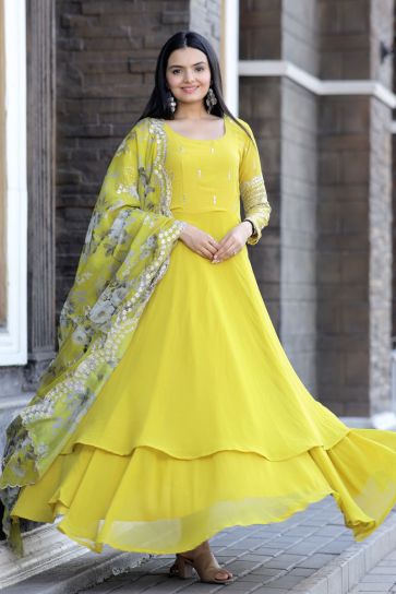 Yellow Color Georgette Divine Readymade Gown With Dupatta