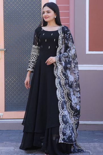 Georgette Black Color Stylish Readymade Gown With Dupatta